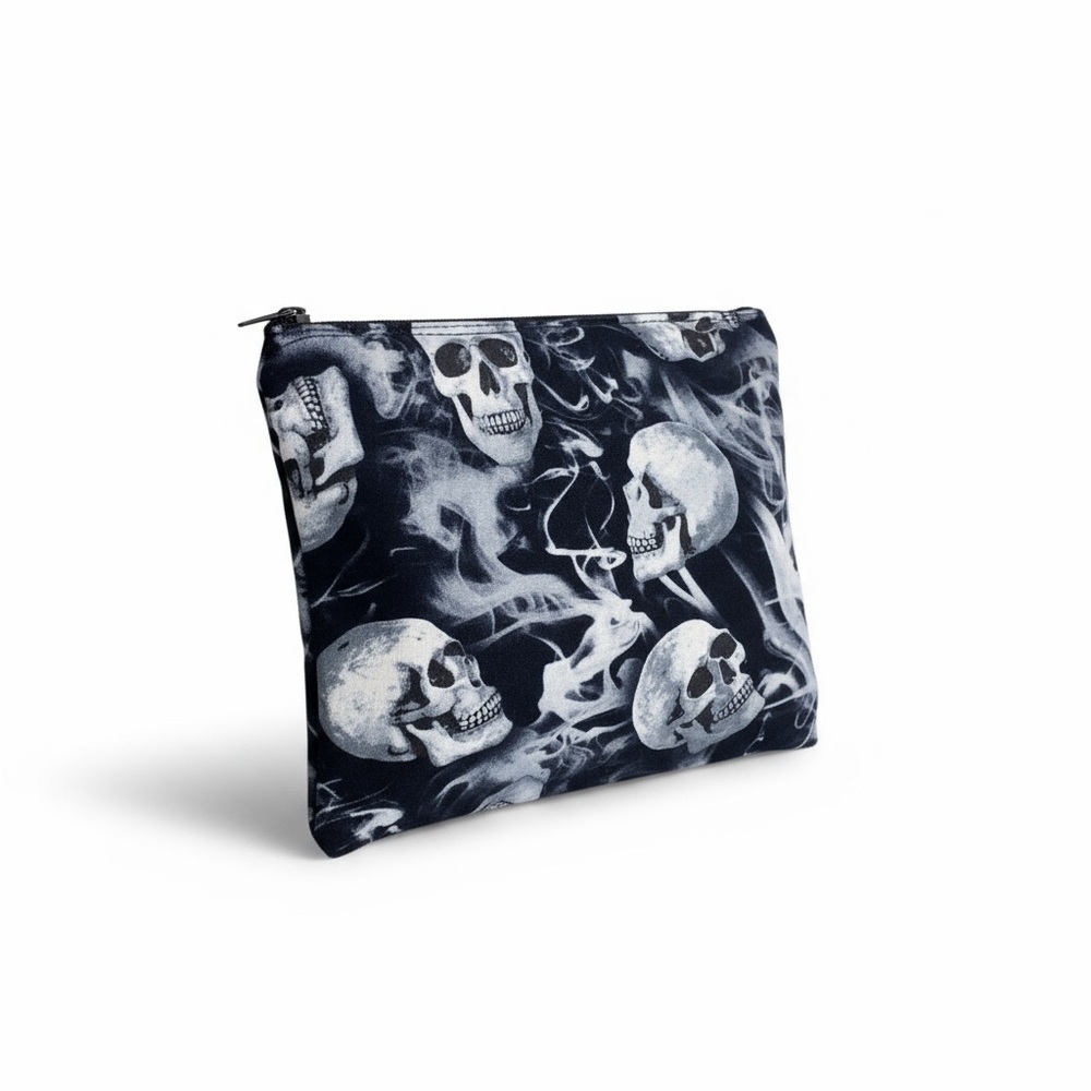 Handmade: Skull Printed Zip Top Makeup Bag ☻︎ Halloween ☻ Black + White ☻ - Picture 1 of 11